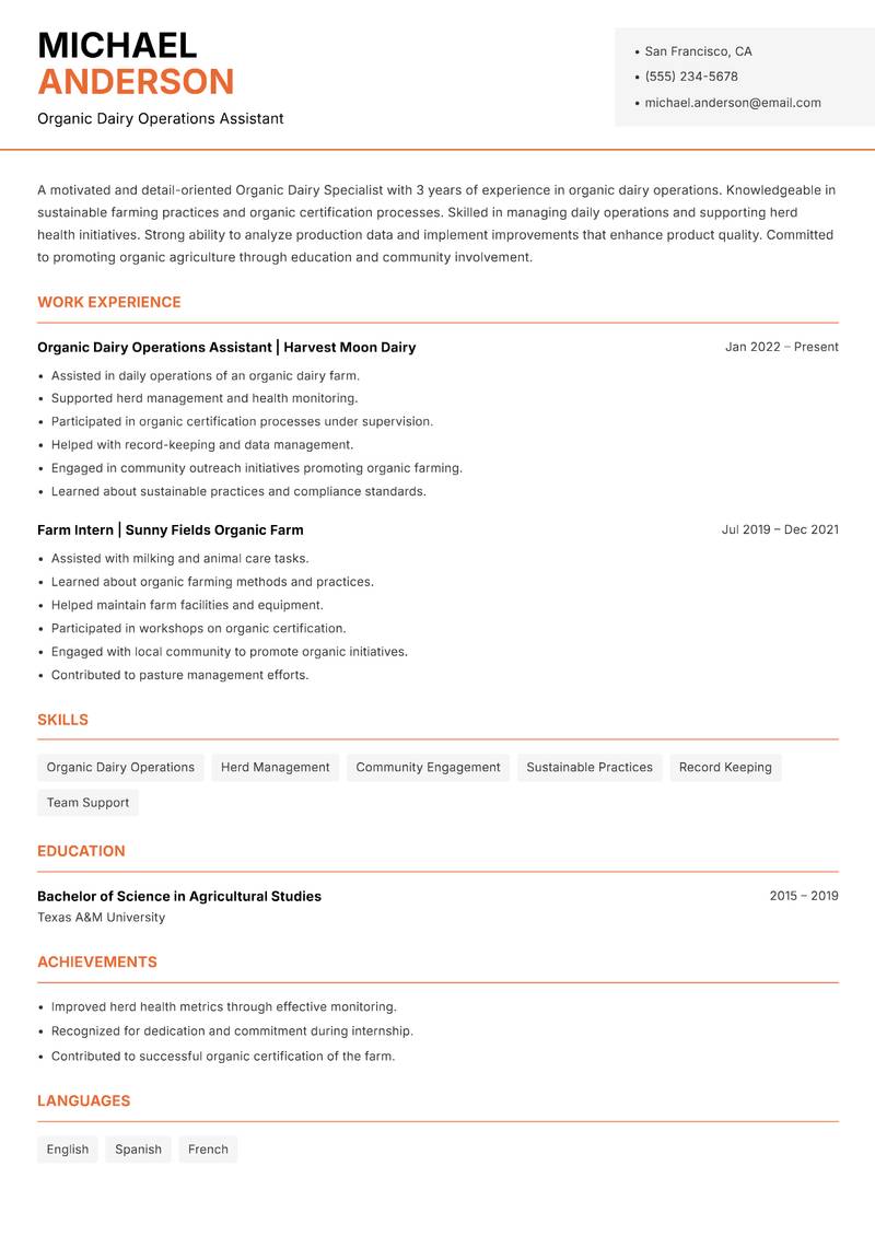 Organic Dairy Specialist resume template — Modern Professional