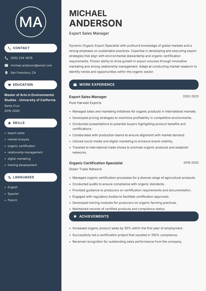 Organic Export Specialist resume template — Compact