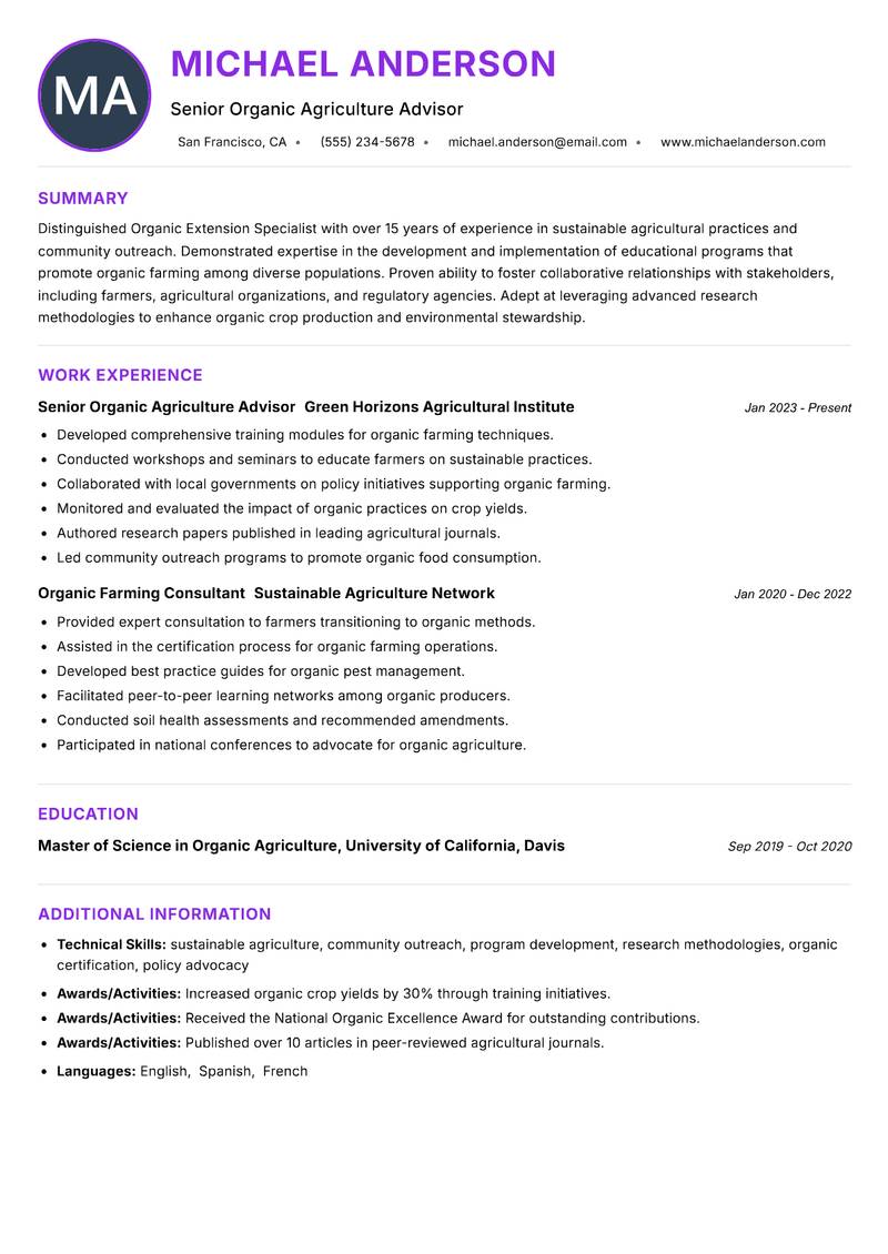 Organic Extension Specialist resume example — ATS-friendly template