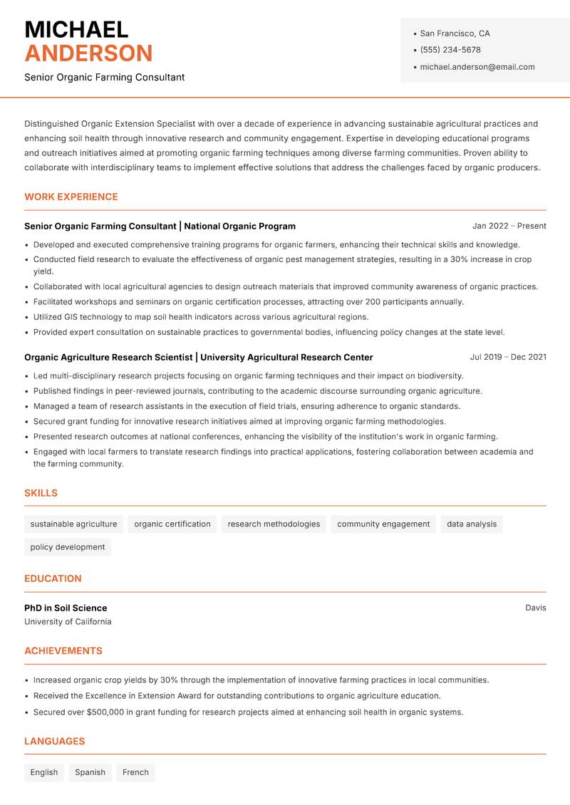 Organic Extension Specialist resume template — Modern Professional