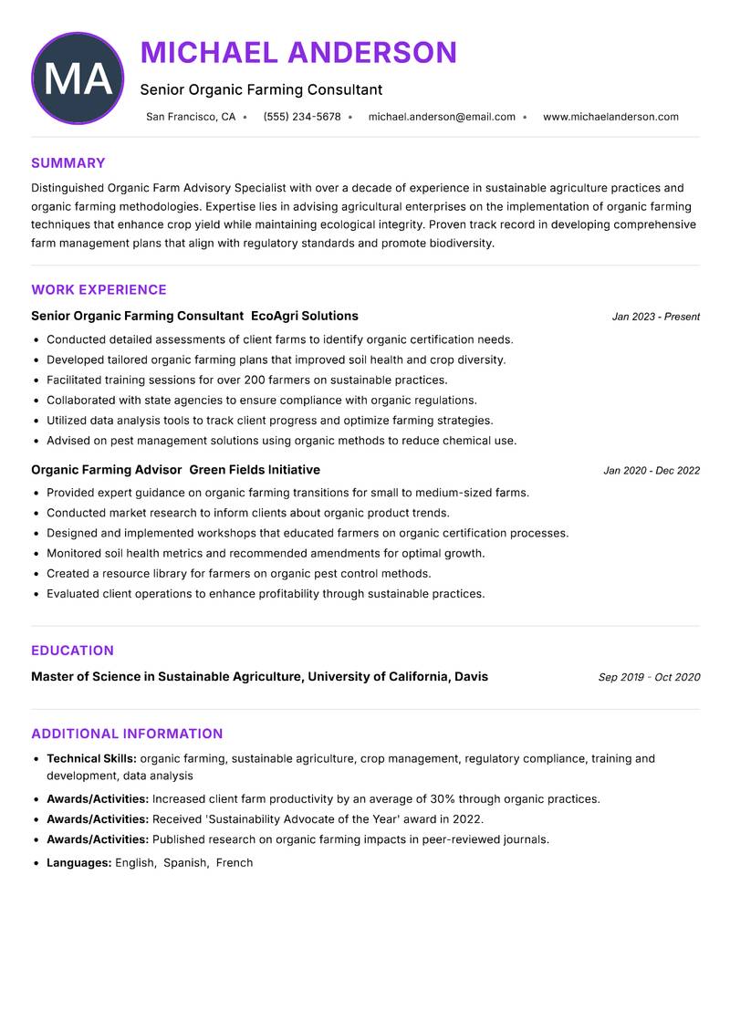 Organic Farm Advisory Specialist resume example — ATS-friendly template