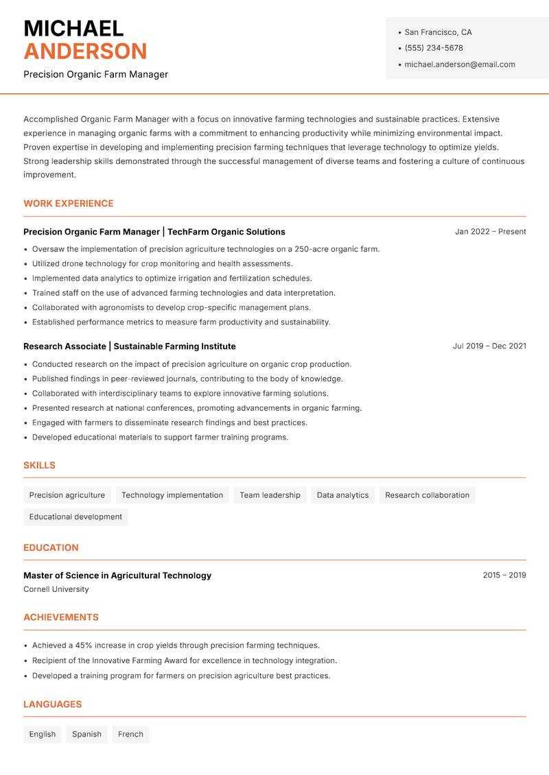 Organic Farm Manager resume template — Modern Professional