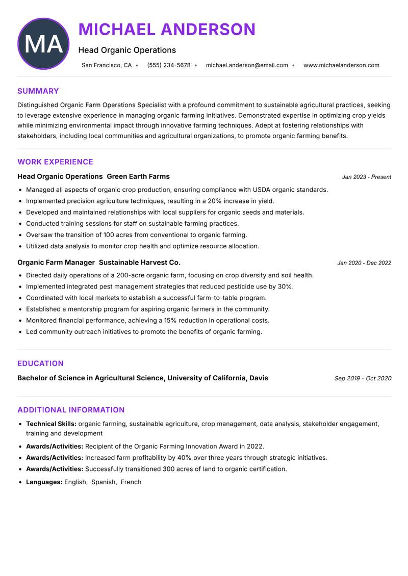 Organic Farm Operations Specialist resume example — ATS-friendly template