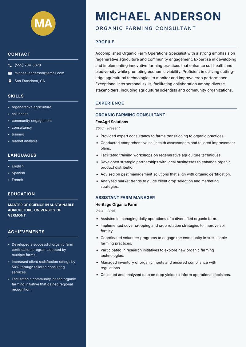 Organic Farm Operations Specialist resume template — Classic Clean