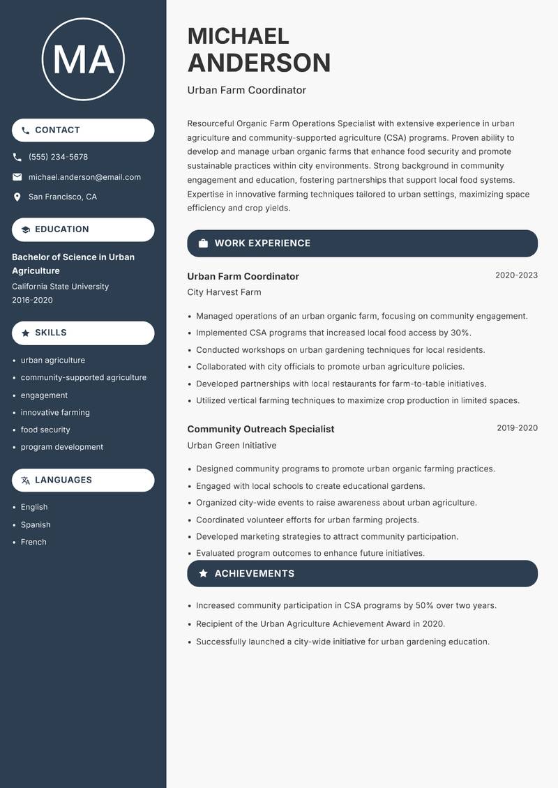 Organic Farm Operations Specialist resume template — Compact