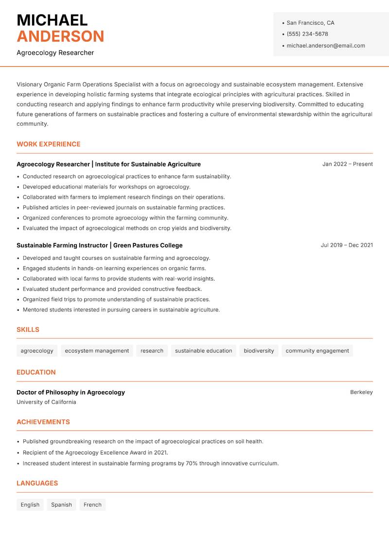 Organic Farm Operations Specialist resume template — Modern Professional