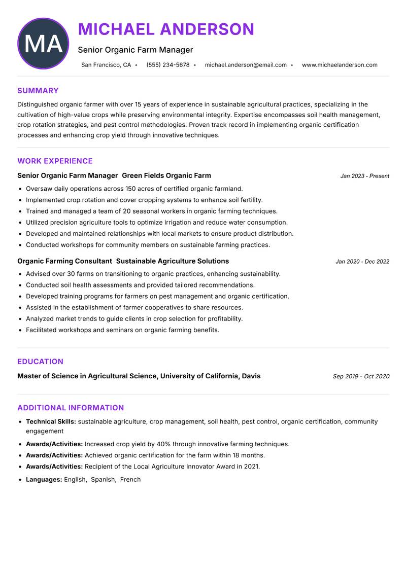Organic Farmer resume example — ATS-friendly template