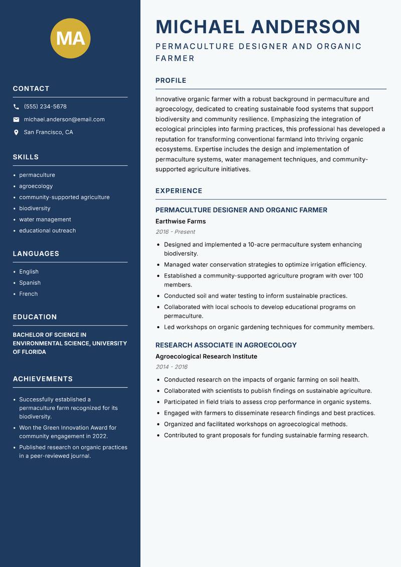 Organic Farmer resume template — Classic Clean