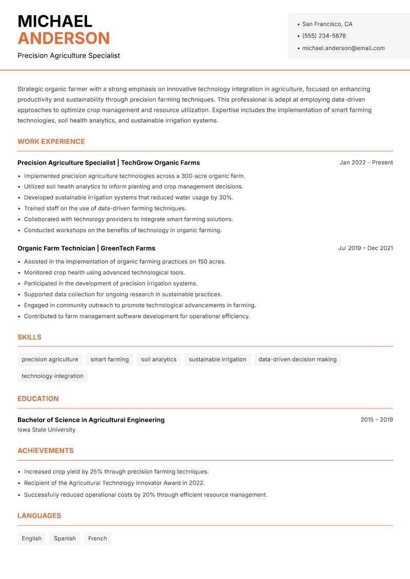 Organic Farmer resume template — Modern Professional