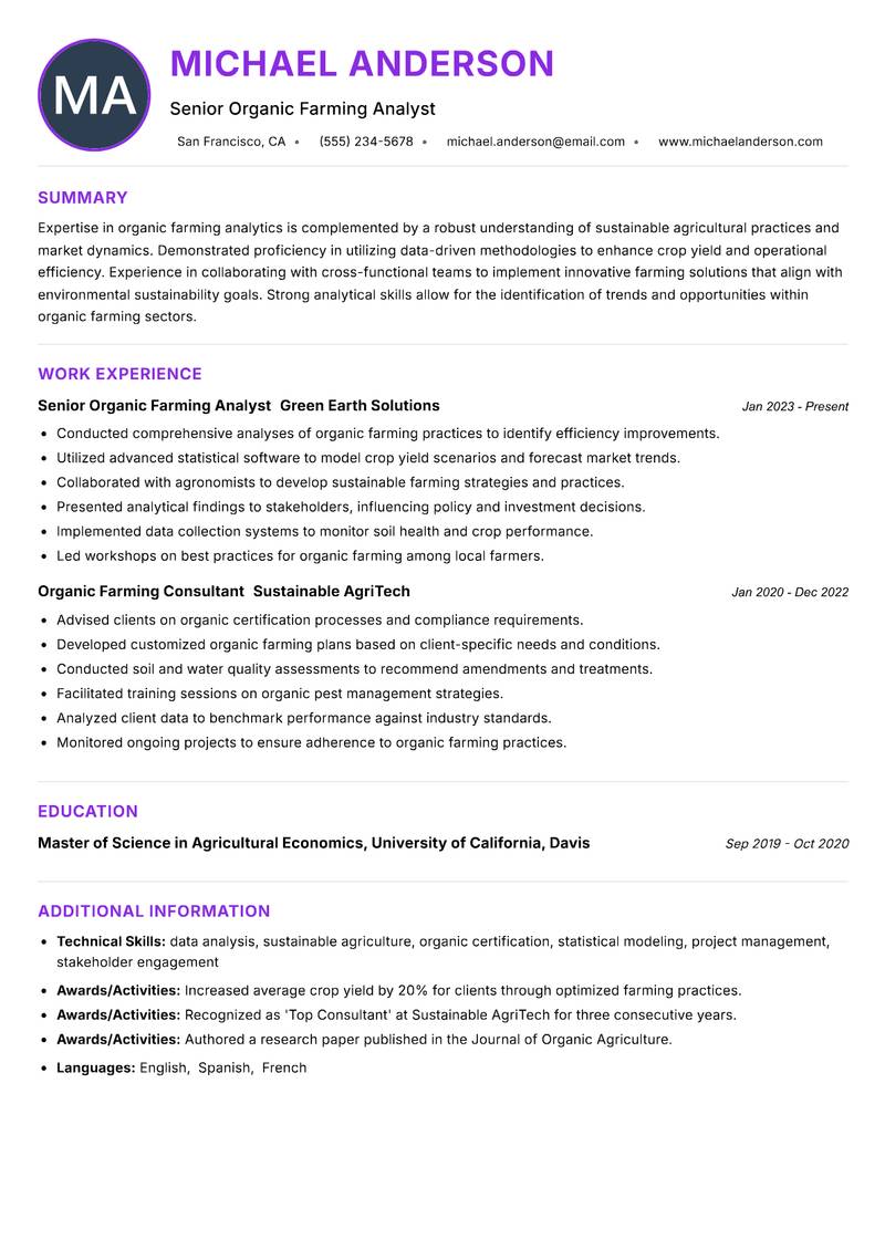 Organic Farming Analyst resume example — ATS-friendly template