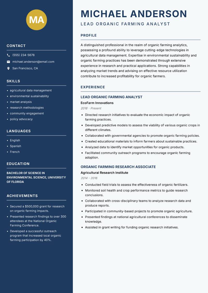Organic Farming Analyst resume template — Classic Clean