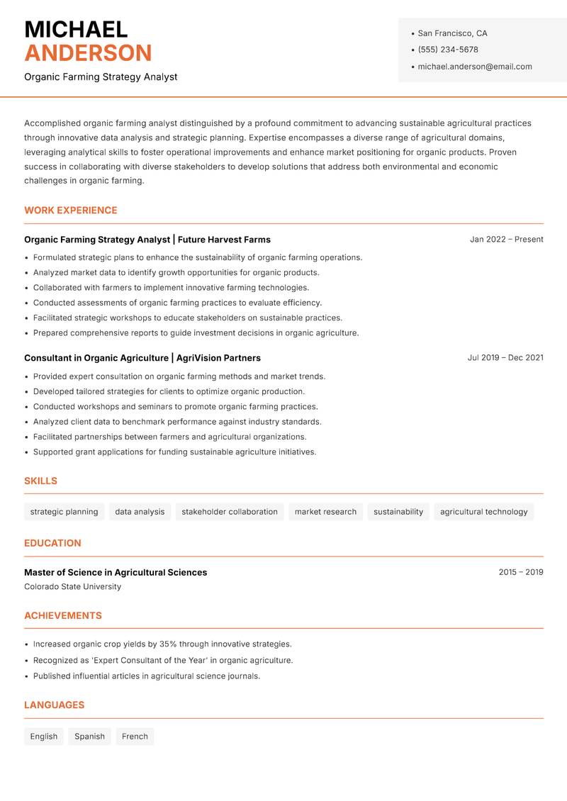 Organic Farming Analyst resume template — Modern Professional