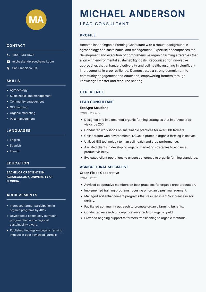 Organic Farming Consultant resume template — Classic Clean
