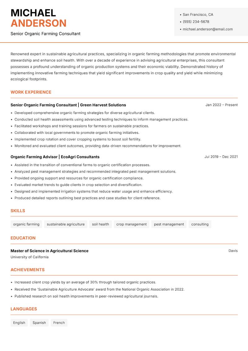 Organic Farming Consultant resume template — Modern Professional