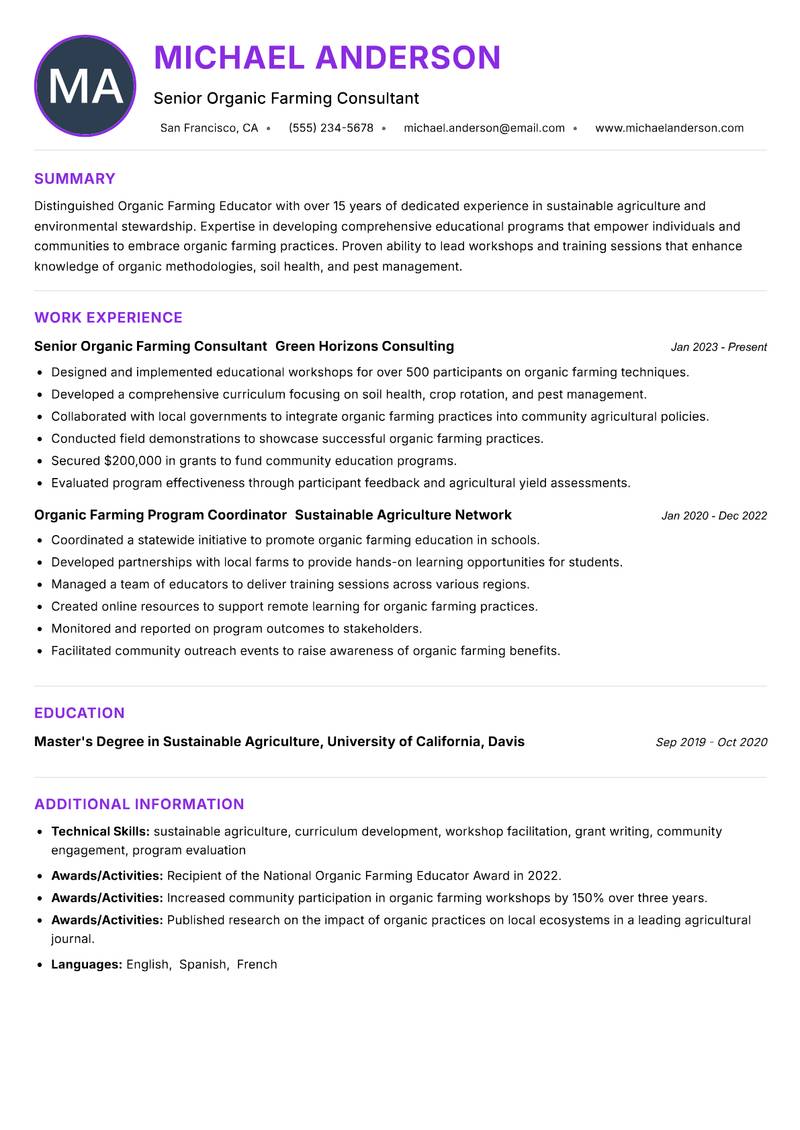 Organic Farming Educator resume example — ATS-friendly template