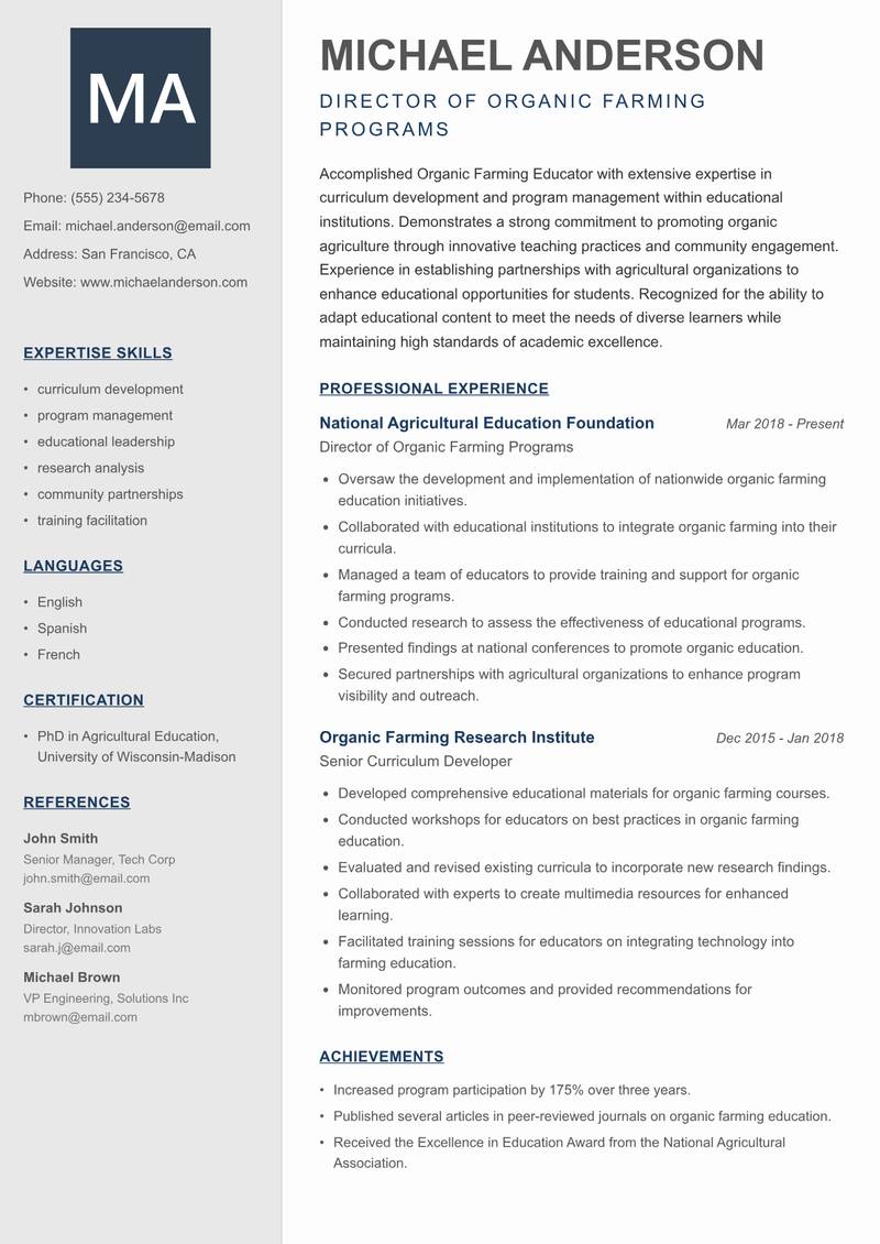 Organic Farming Educator resume template — Creative Minimal