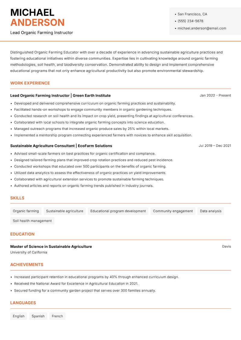 Organic Farming Educator resume template — Modern Professional