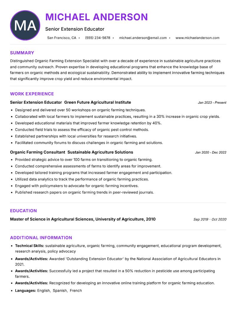 Organic Farming Extension Specialist resume example — ATS-friendly template