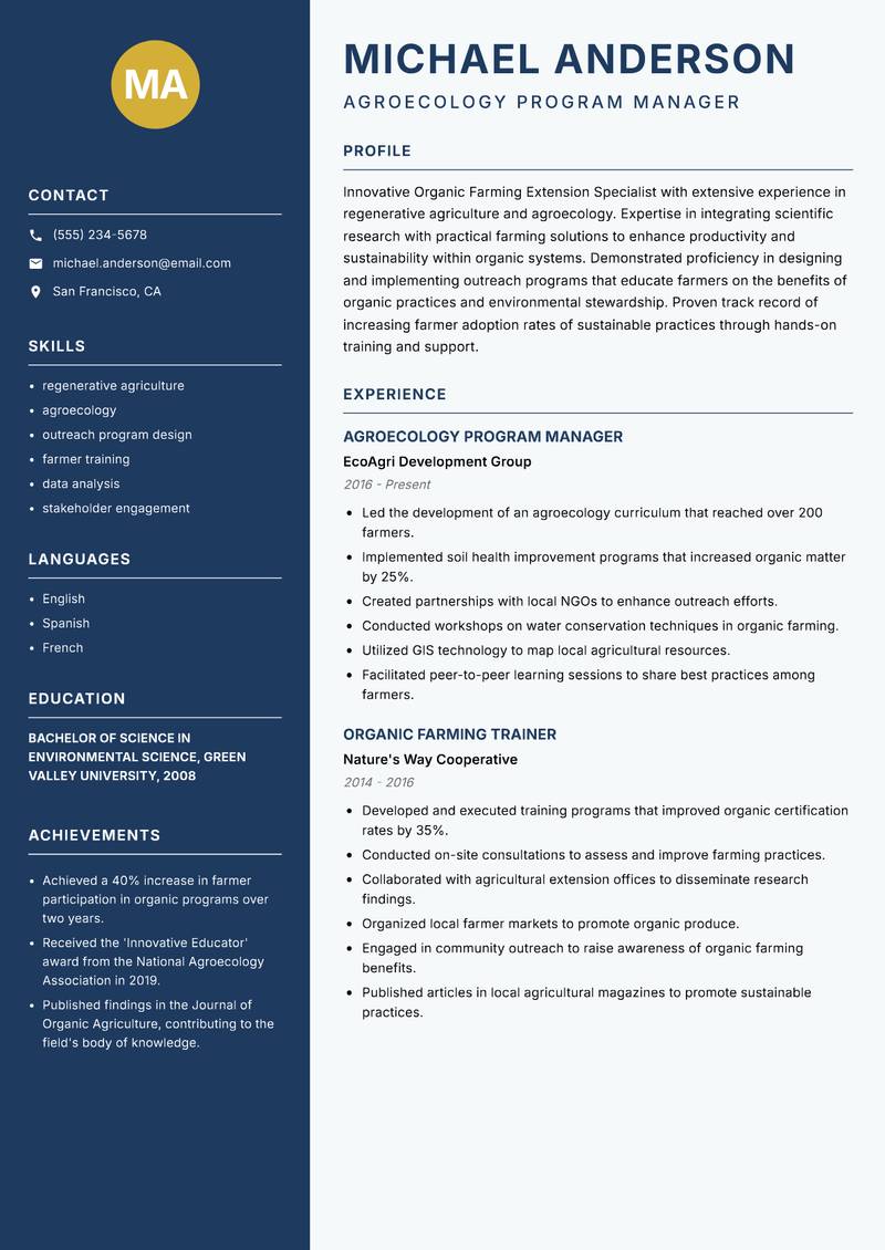 Organic Farming Extension Specialist resume template — Classic Clean