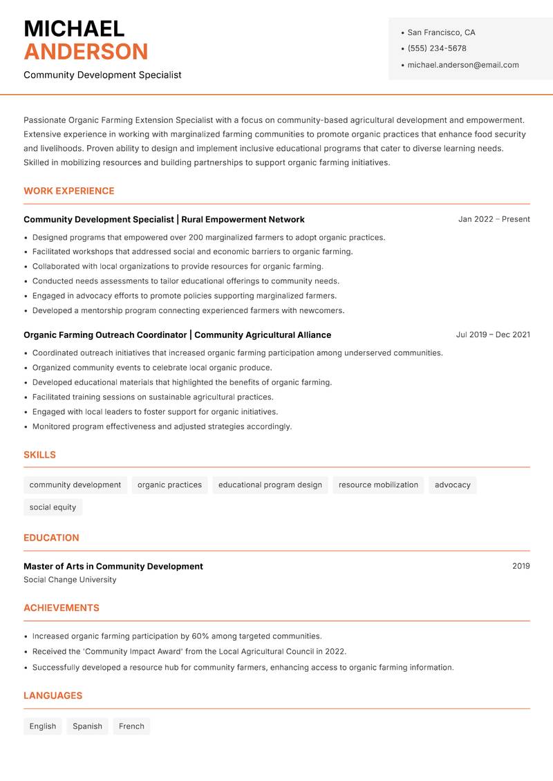 Organic Farming Extension Specialist resume template — Modern Professional