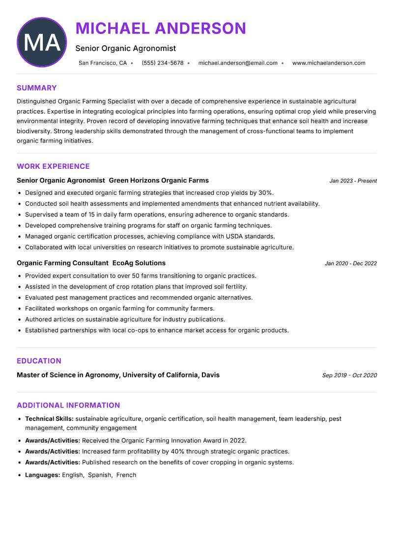 Organic Farming Specialist resume example — ATS-friendly template