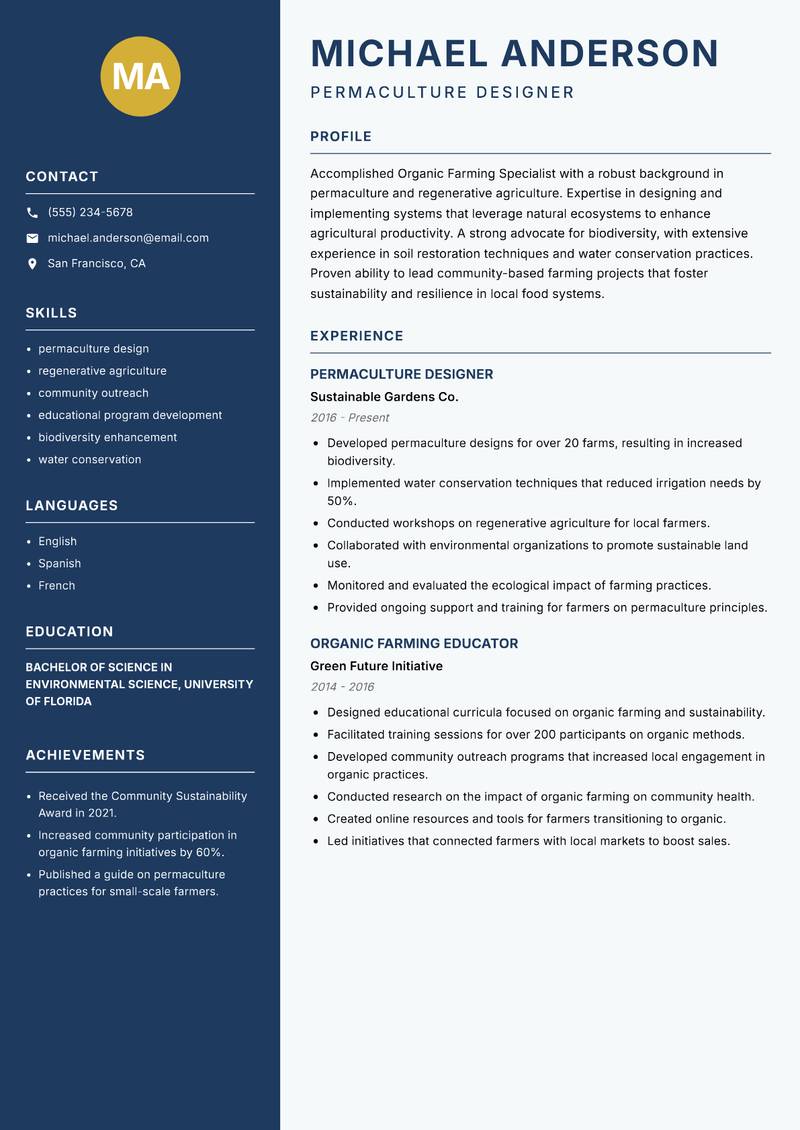 Organic Farming Specialist resume template — Classic Clean