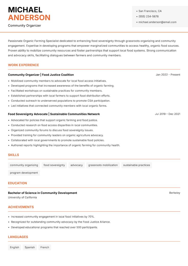 Organic Farming Specialist resume template — Modern Professional