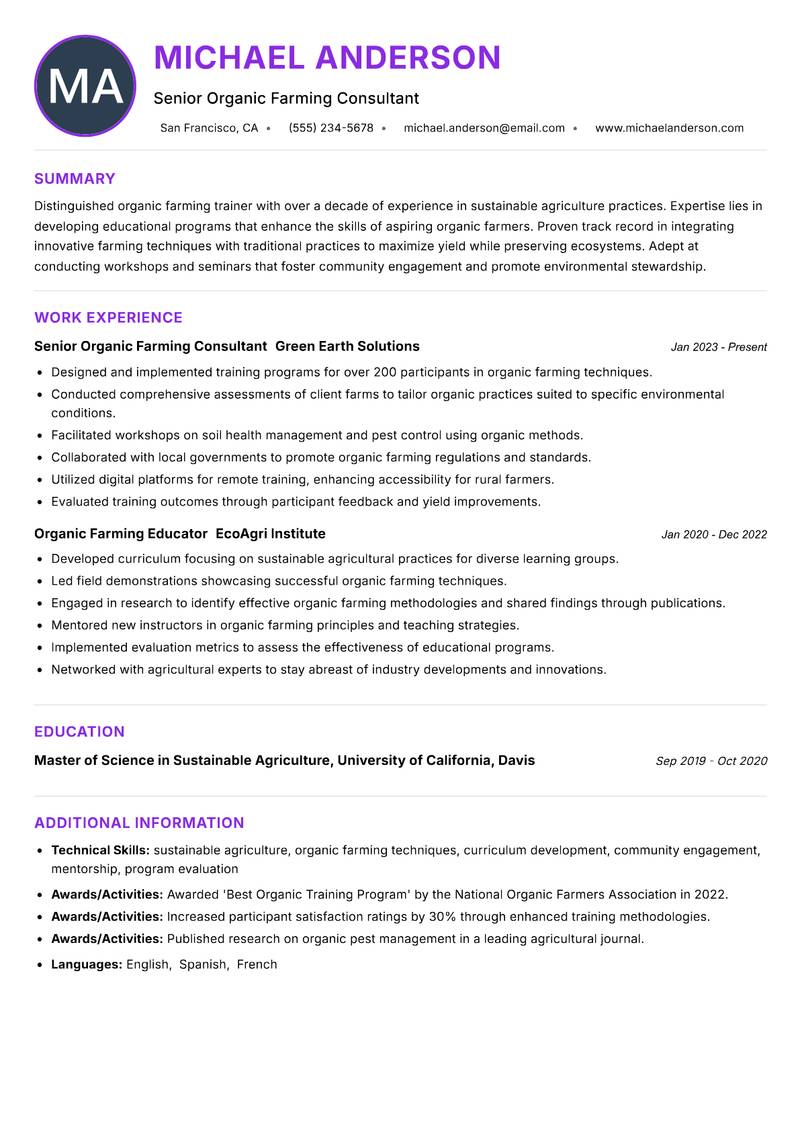 Organic Farming Trainer resume example — ATS-friendly template