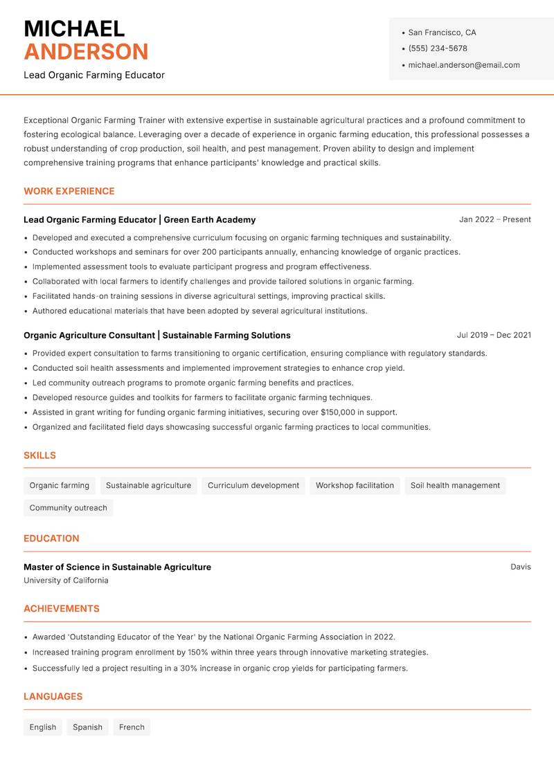 Organic Farming Trainer resume template — Modern Professional