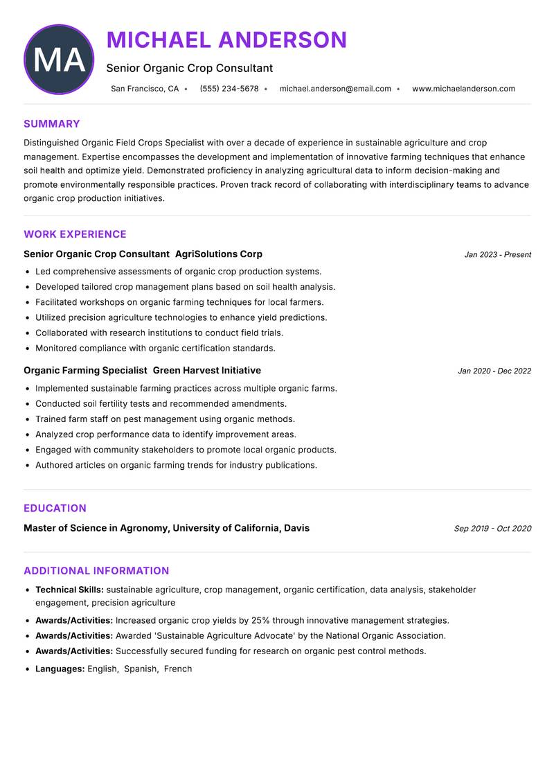 Organic Field Crops Specialist resume example — ATS-friendly template