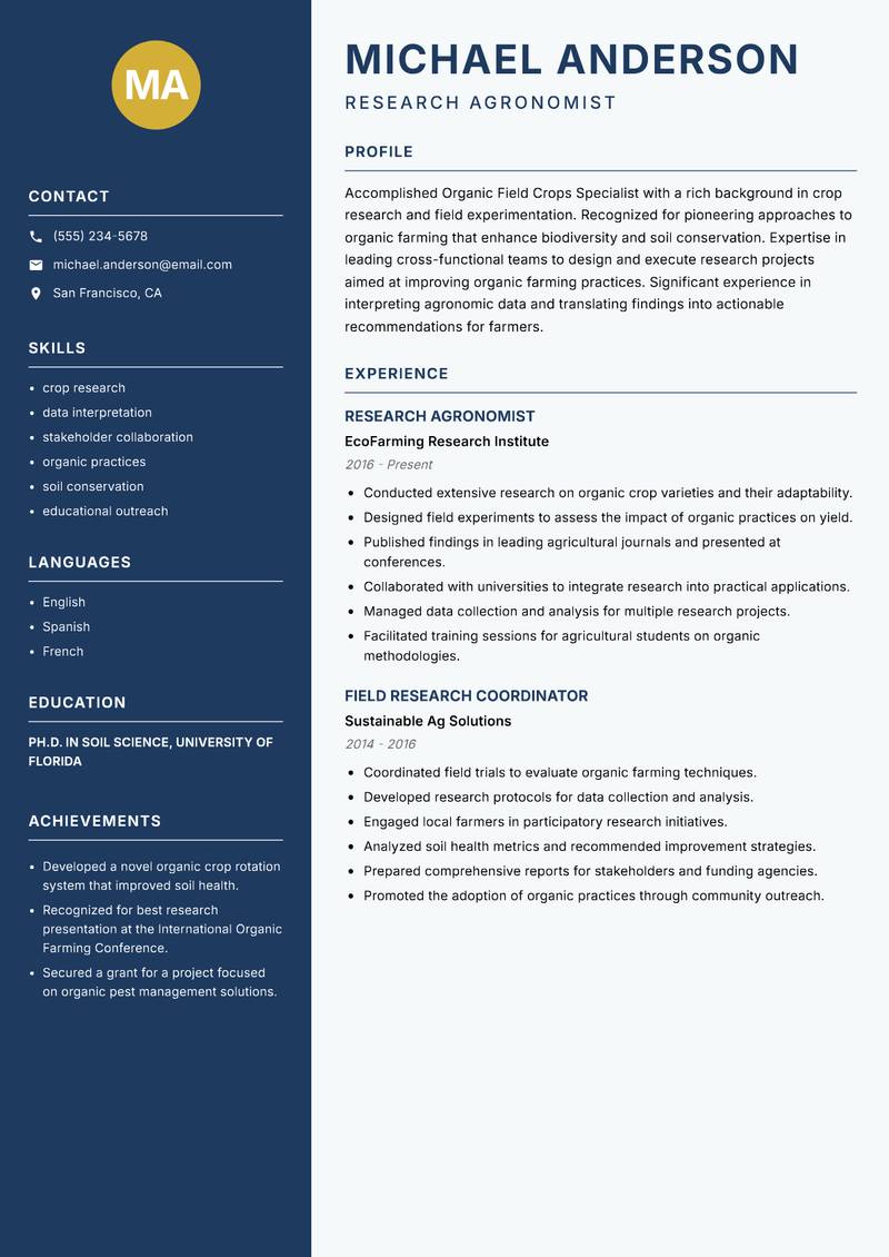 Organic Field Crops Specialist resume template — Classic Clean