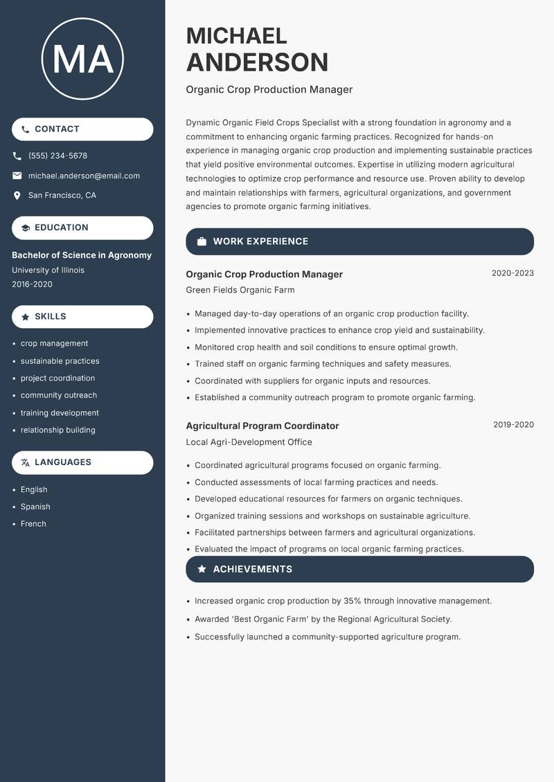 Organic Field Crops Specialist resume template — Compact