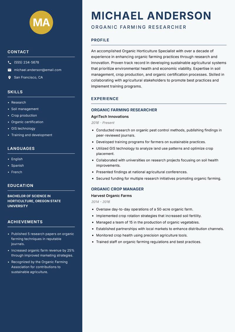 Organic Horticulture Specialist resume template — Classic Clean