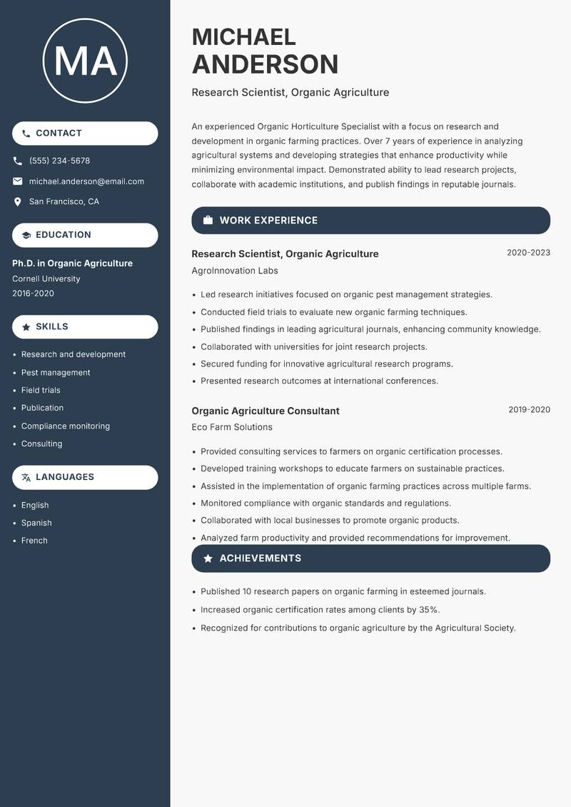 Organic Horticulture Specialist resume template — Compact
