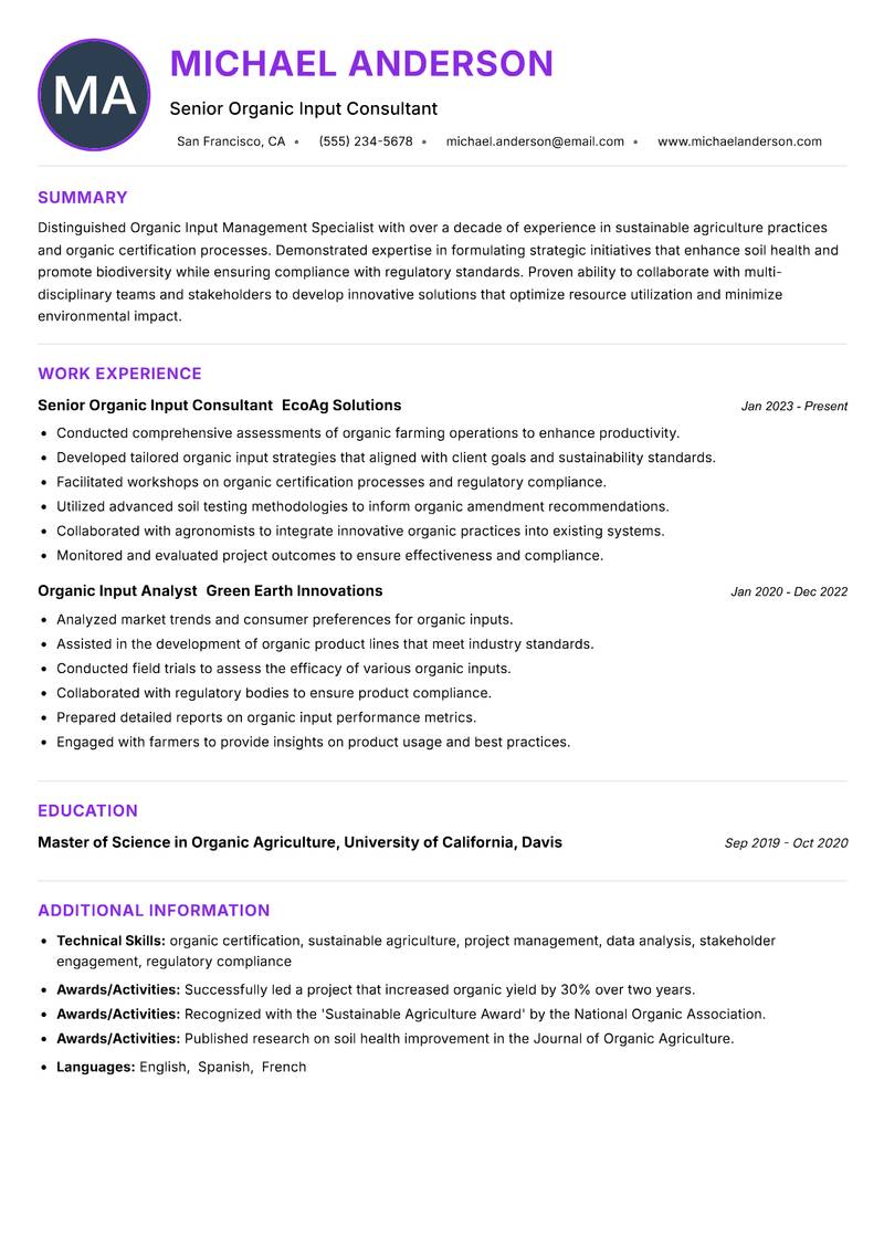 Organic Input Management Specialist resume example — ATS-friendly template