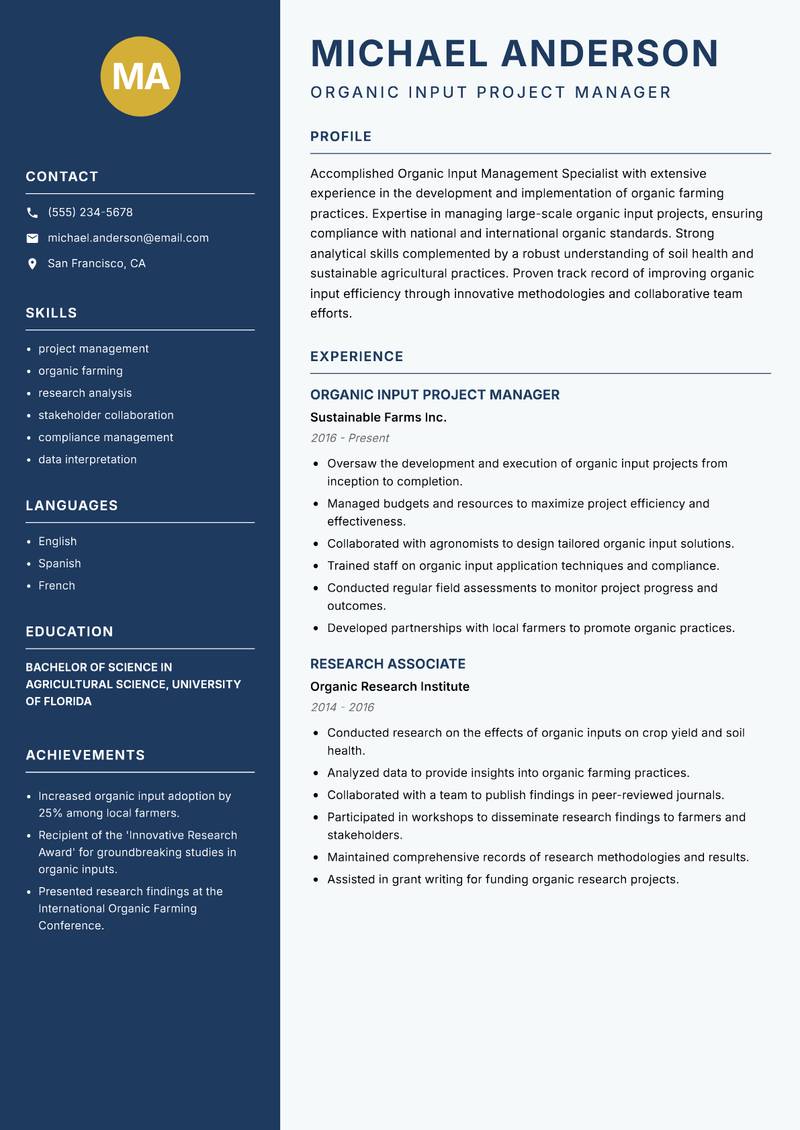 Organic Input Management Specialist resume template — Classic Clean