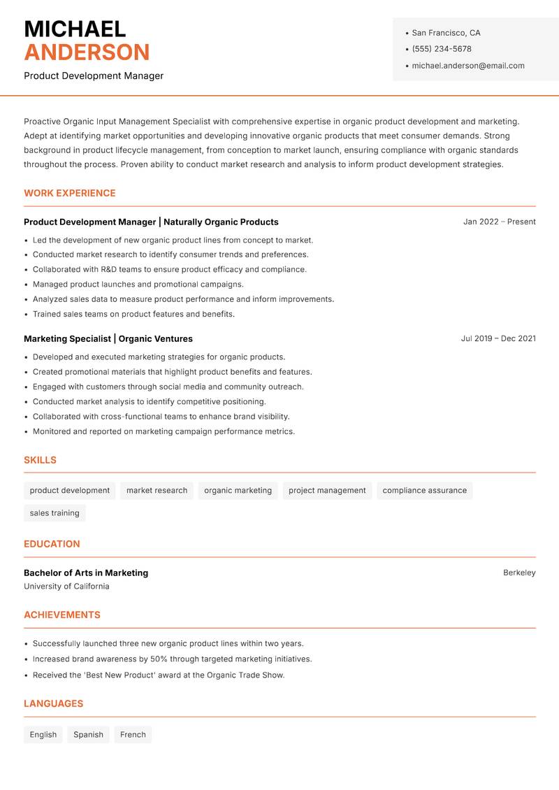 Organic Input Management Specialist resume template — Modern Professional