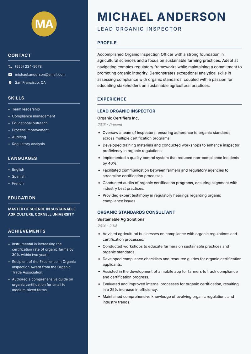 Organic Inspection Officer resume template — Classic Clean