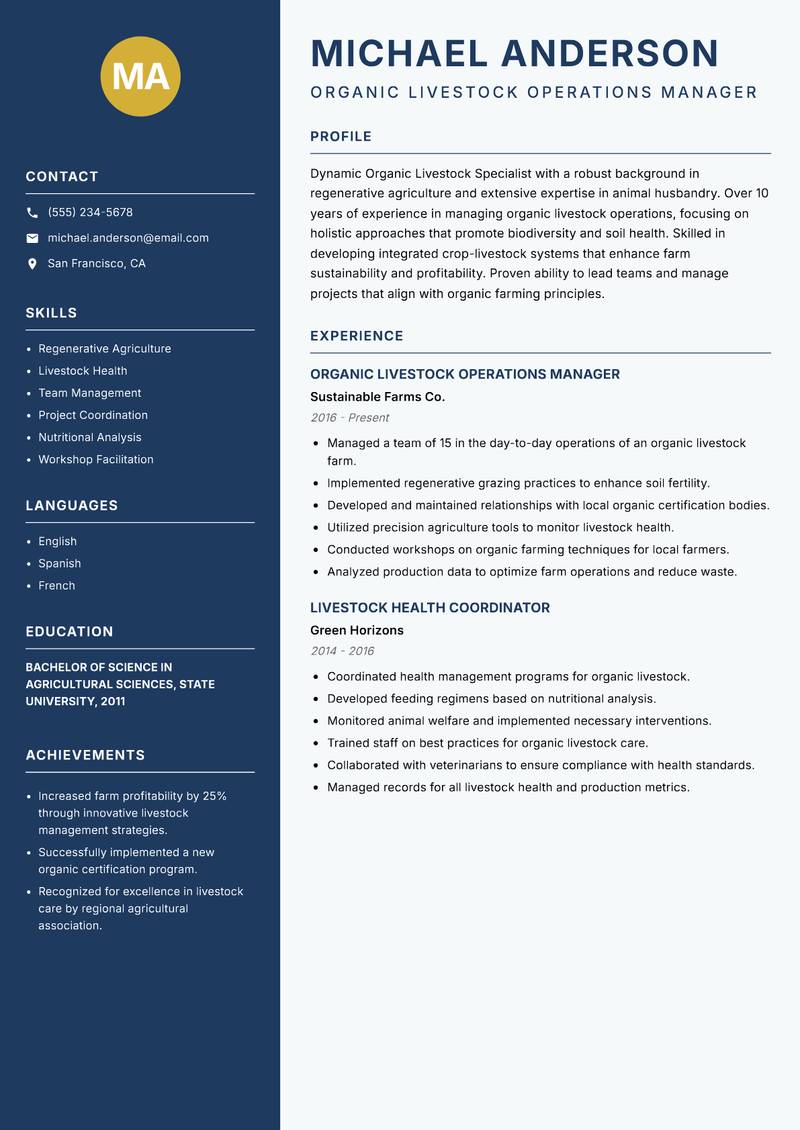 Organic Livestock Specialist resume template — Classic Clean