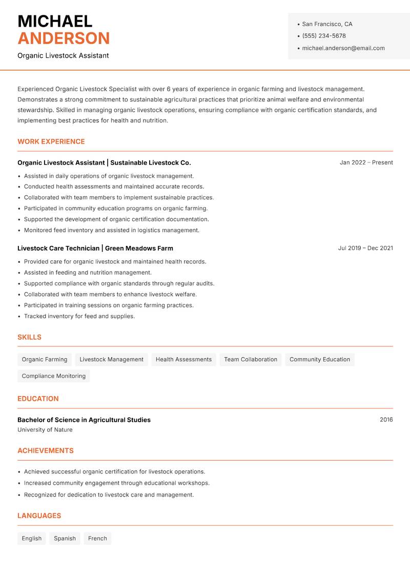 Organic Livestock Specialist resume template — Modern Professional