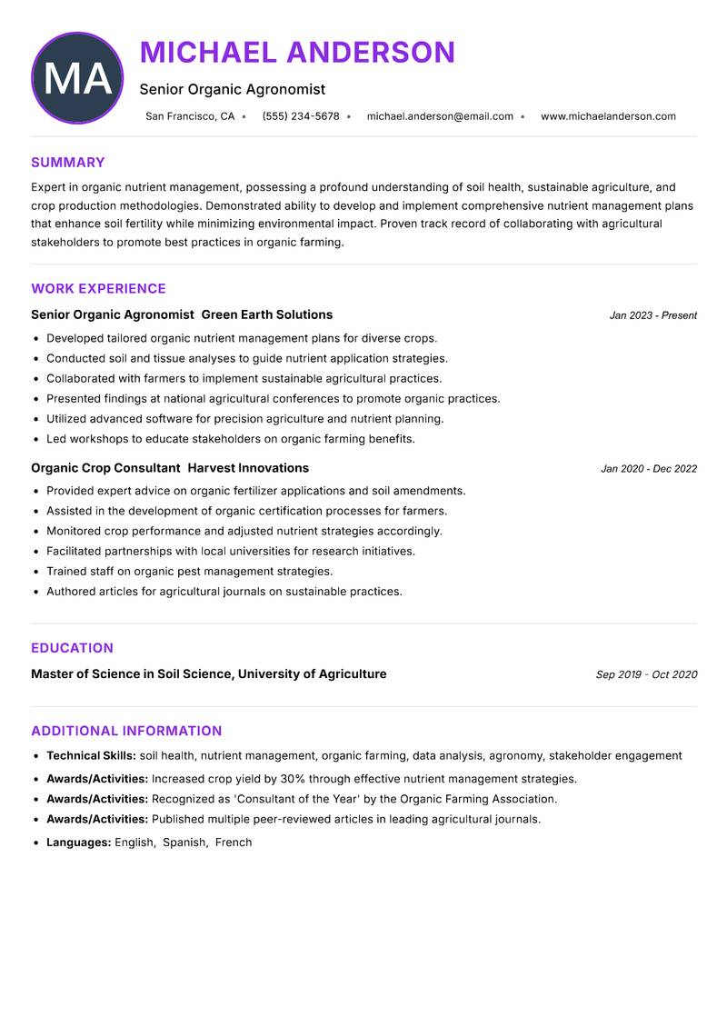 Organic Nutrient Management Specialist resume example — ATS-friendly template