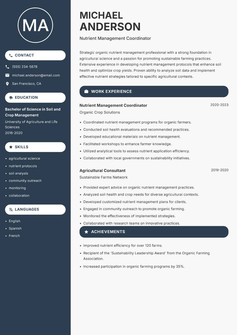 Organic Nutrient Management Specialist resume template — Compact