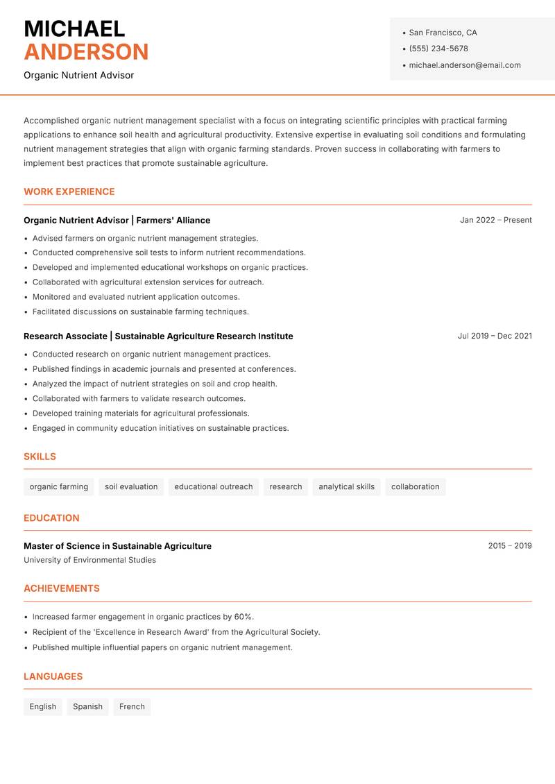 Organic Nutrient Management Specialist resume template — Modern Professional