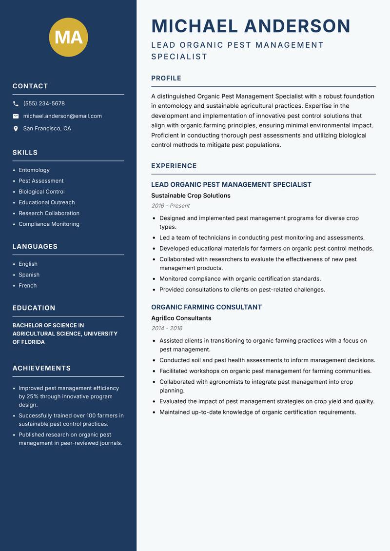 Organic Pest Management Specialist resume template — Classic Clean