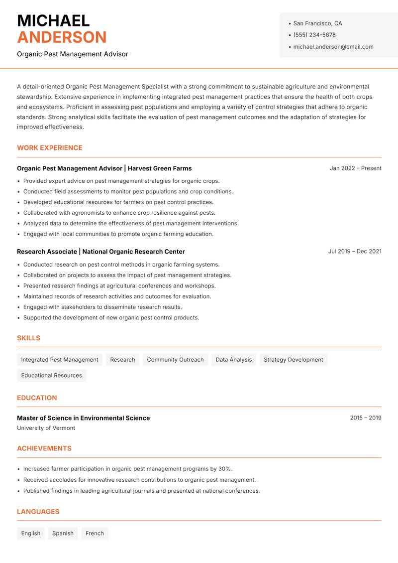 Organic Pest Management Specialist resume template — Modern Professional
