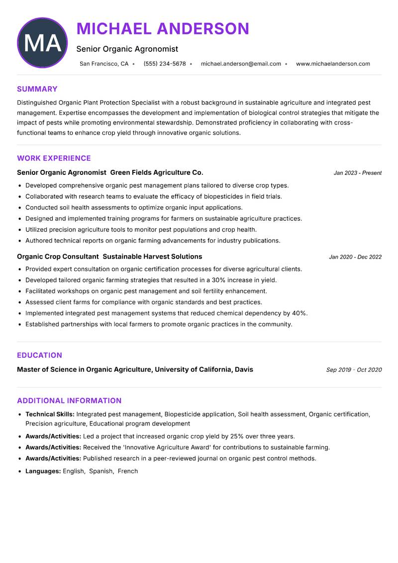 Organic Plant Protection Specialist resume example — ATS-friendly template