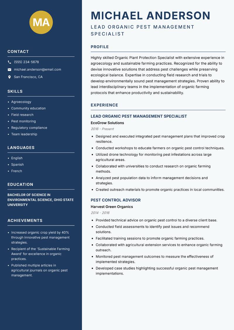 Organic Plant Protection Specialist resume template — Classic Clean