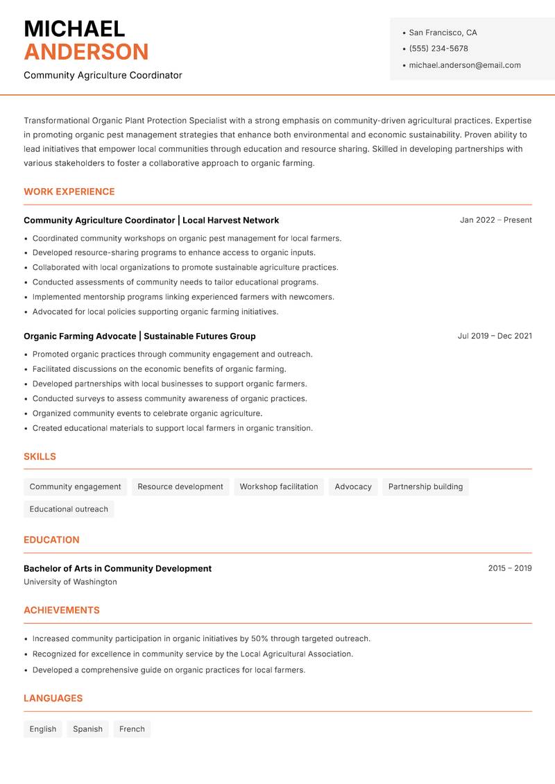 Organic Plant Protection Specialist resume template — Modern Professional