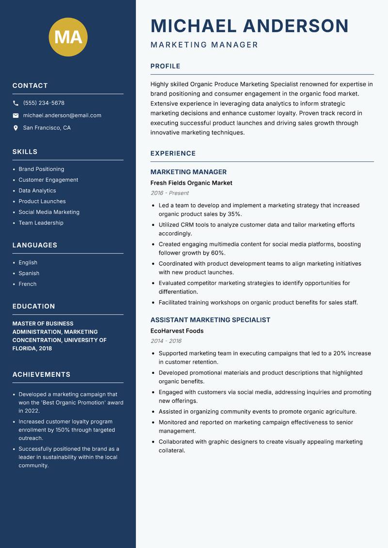 Organic Produce Marketing Specialist resume template — Classic Clean