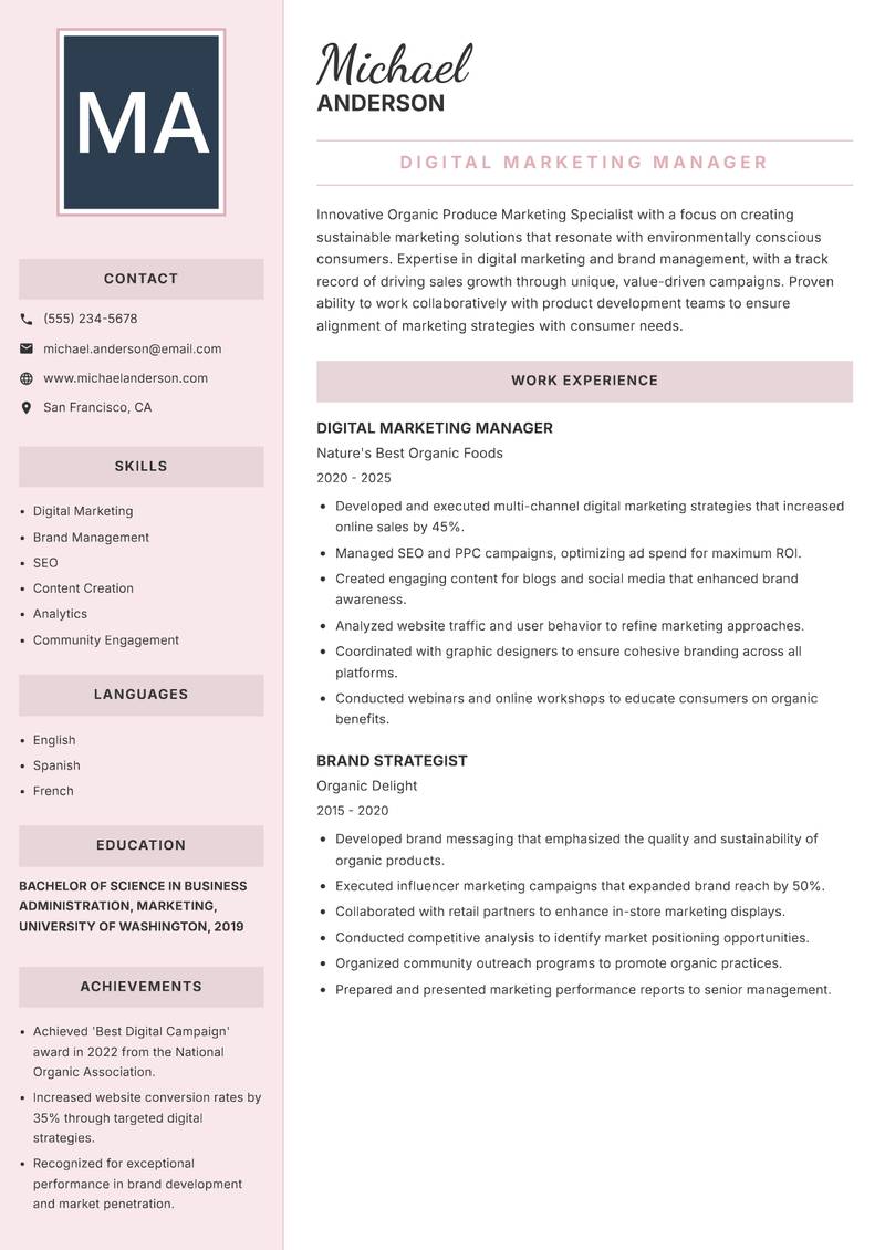 Organic Produce Marketing Specialist resume template — Executive